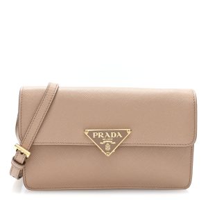 Saffiano Lux Mini Triangle Embleme Flap Shoulder Bag Cammeo