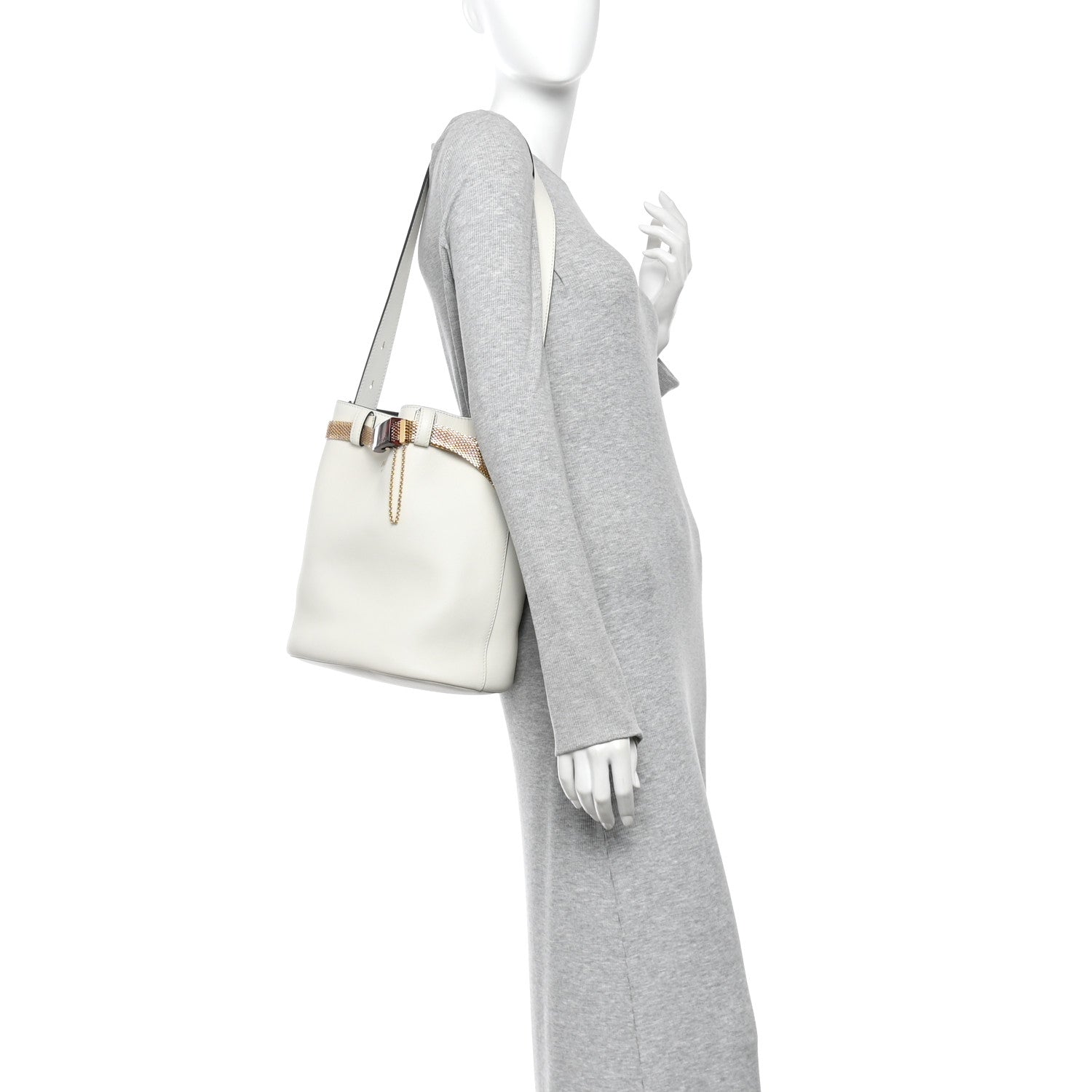 Calfskin Buckle Bag With Jeweled Belt White Black - Image 2