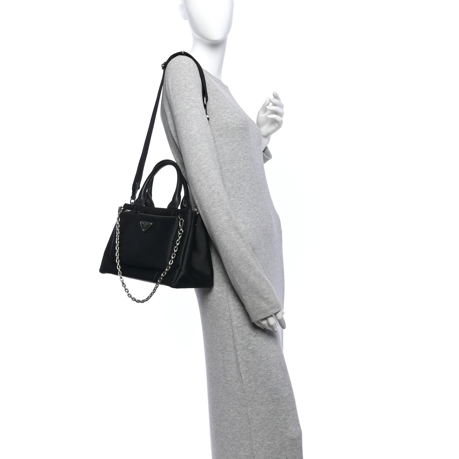 Tessuto Nylon Nappa Zip Pocket Chain Tote Black - Image 2