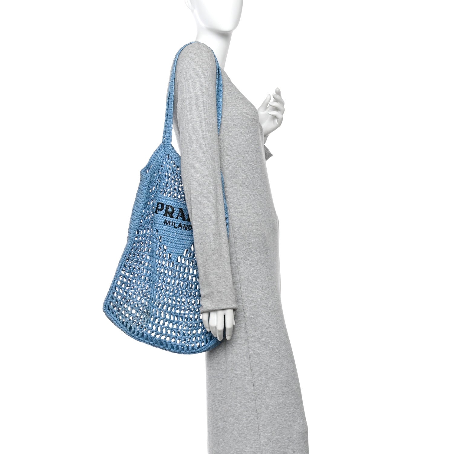 Yarn Raffia Effect Crochet Logo Embroidered Tote Bag Celeste - Image 2