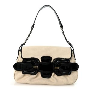 Canvas Patent Calfskin B Bis Flap Bag Natural Black