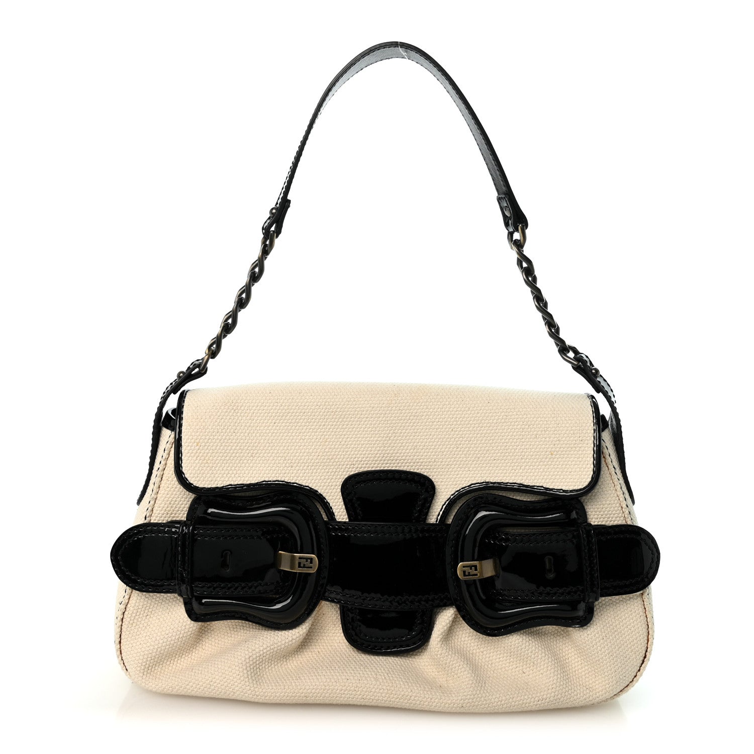 Canvas Patent Calfskin B Bis Flap Bag Natural Black