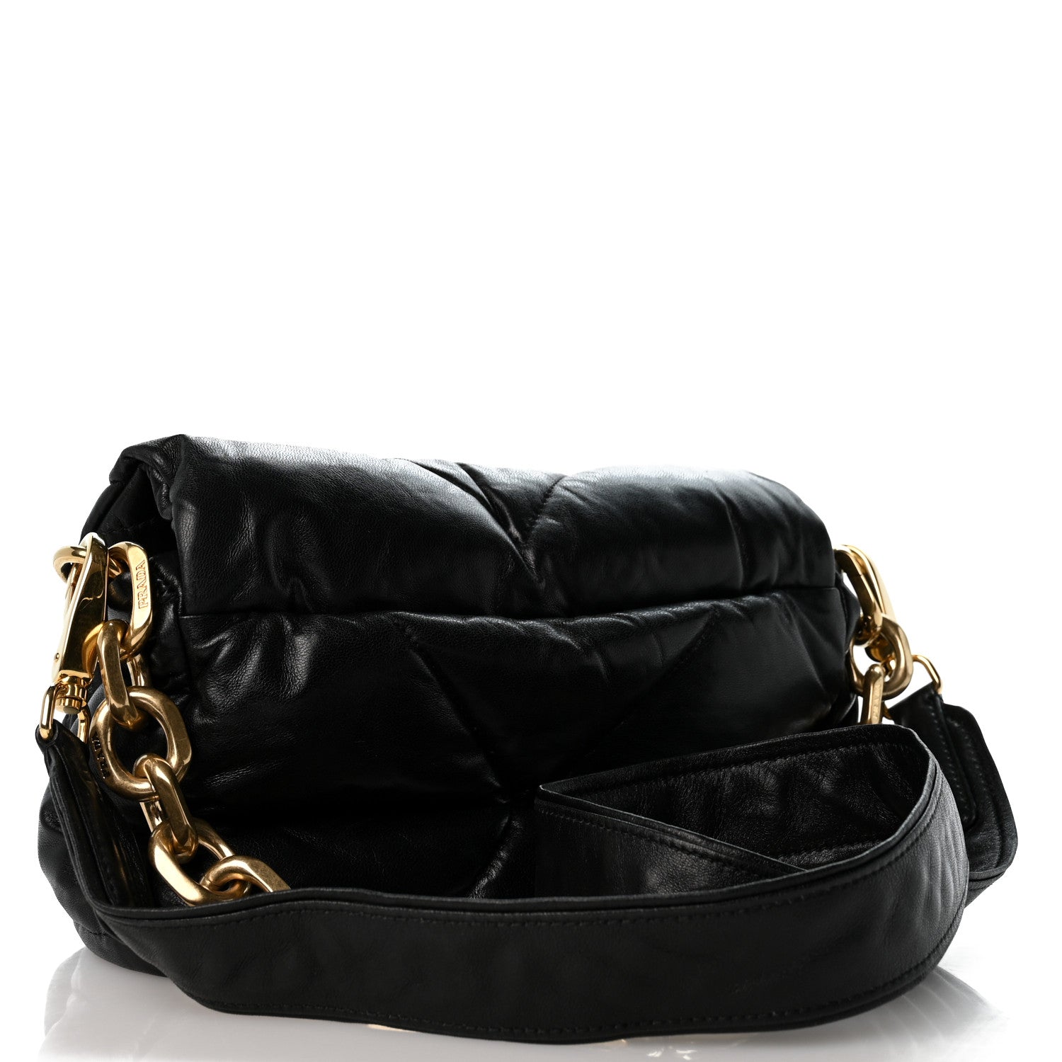 Nappa Soft Padded Logo Embossed Triangle Quilted Small Shoulder Bag Black - Image 3