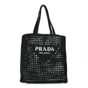 Yarn Raffia Effect Crochet Logo Embroidered Tote Bag Black
