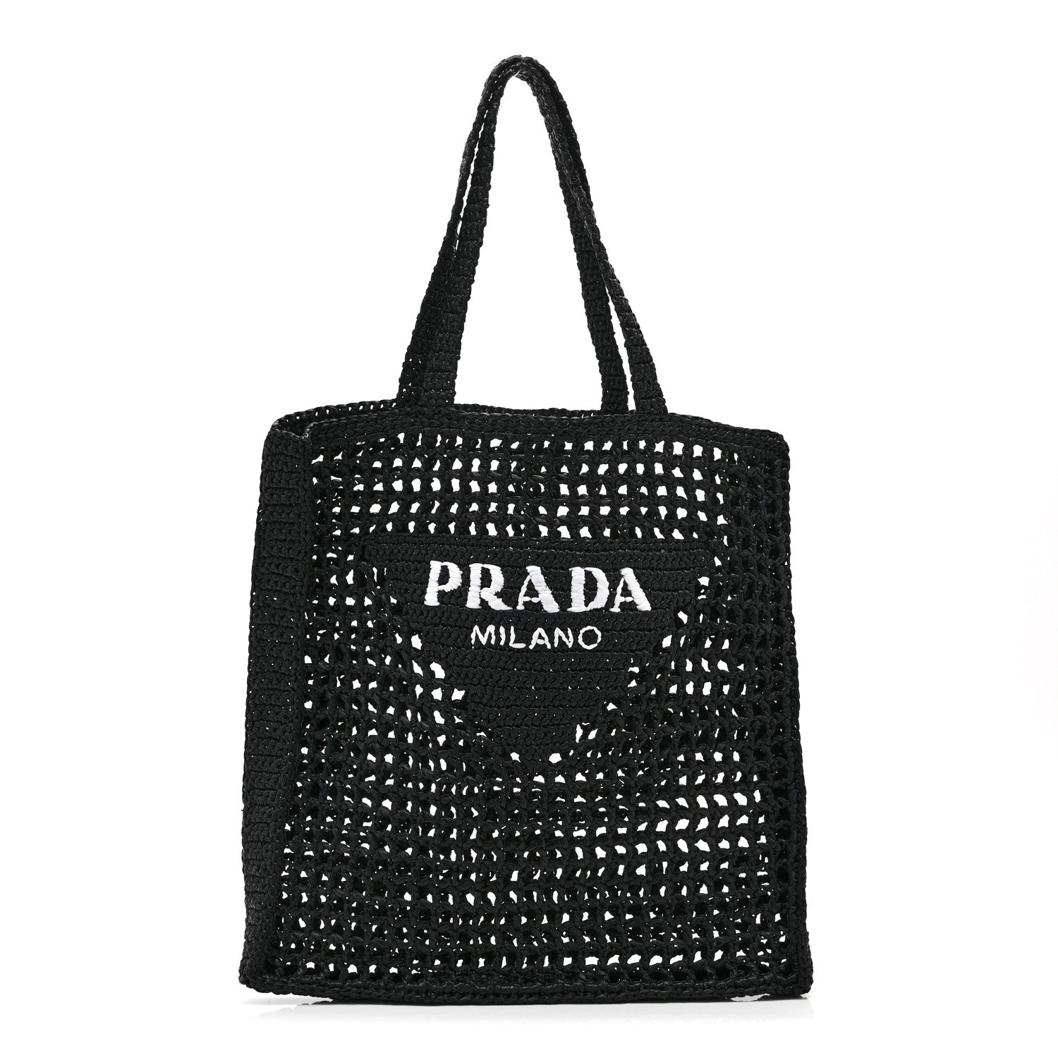 Yarn Raffia Effect Crochet Logo Embroidered Tote Bag Black