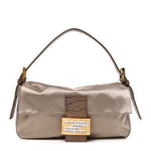 Satin Calfskin Crystal Crocodile Embossed Baguette Grey