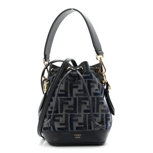 Chenille Vitello Grace FF Mini Mon Tresor Bucket Bag Grigio Blue Notte