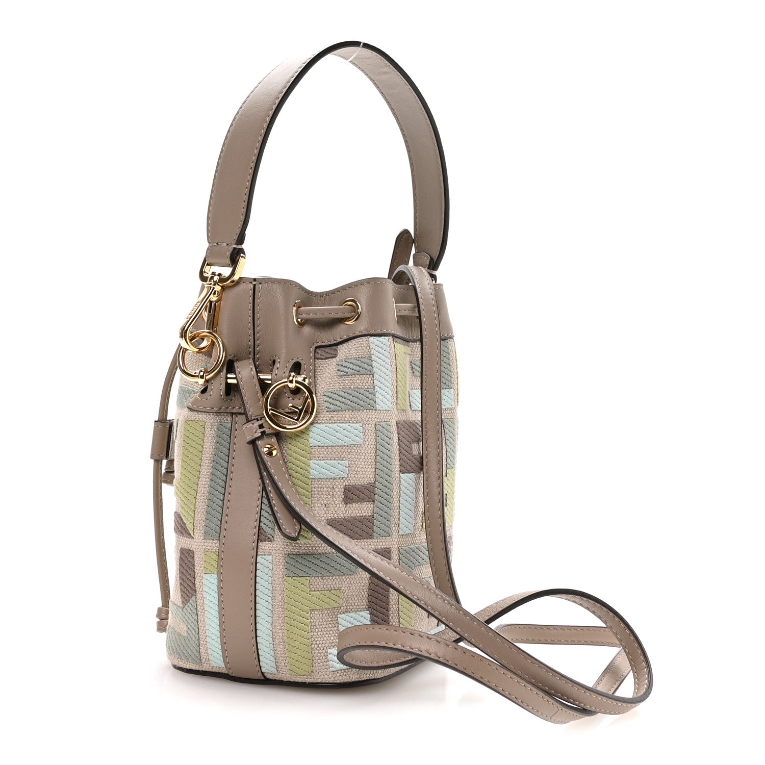 Canvas Vitello King FF Embroidered Mini Mon Tresor Bucket Bag Matcha Milk Dove - Image 3