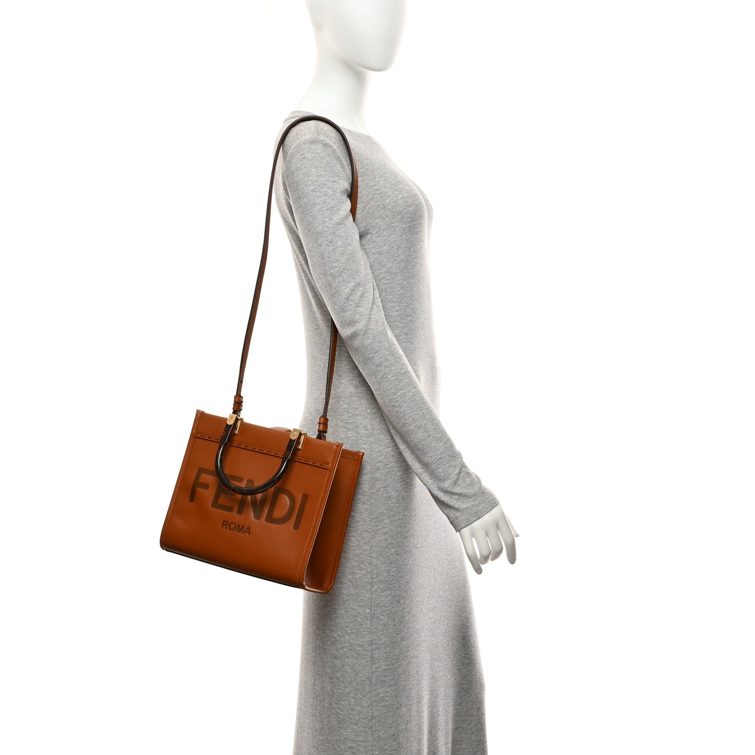 Vitello King Plexiglass Logo Embossed Small Fendi Sunshine Shopper Tote Cuoio - Image 2