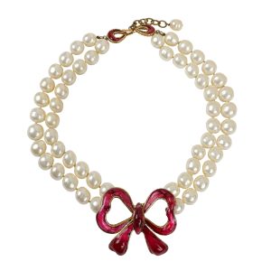 Vintage Chanel Double Pearl Red Gripoix Bow Choker