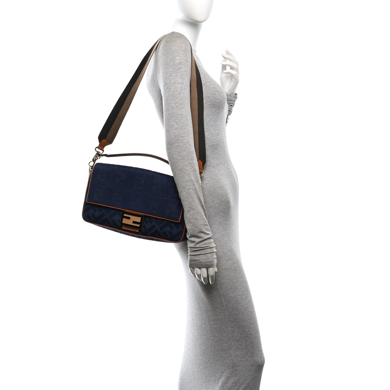 Denim Vitello King FF Embroidered Large Baguette Blue Cuoio - Image 2
