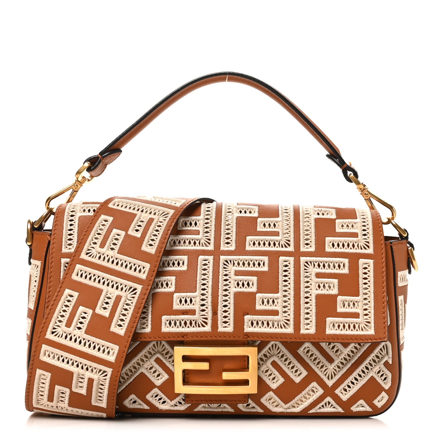 Vitello Seta FF Ajour Embroidered Baguette Brandy