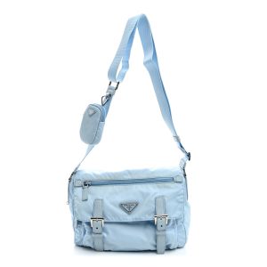 Re-Nylon Vela Saffiano Pocket Double Buckle Messenger Shoulder Bag Celeste