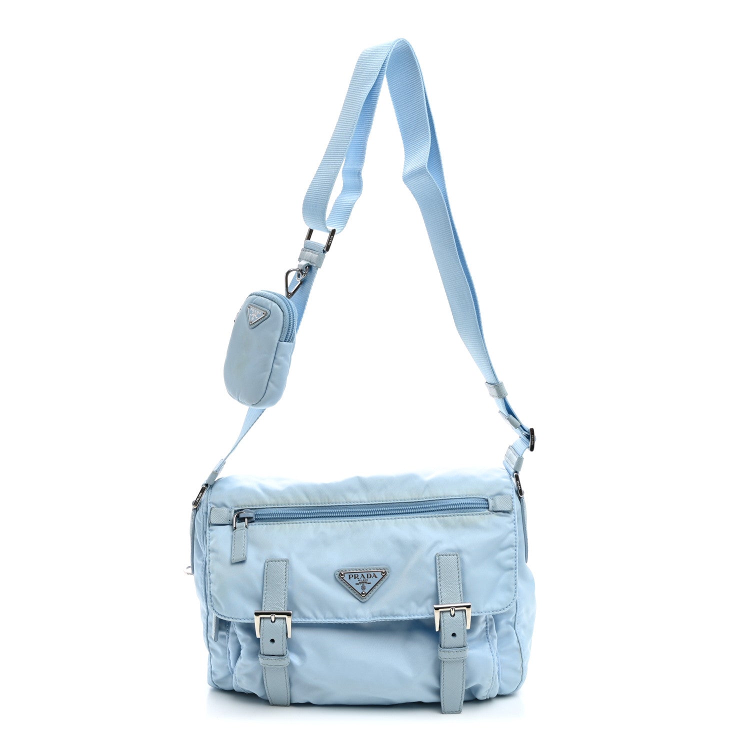 Re-Nylon Vela Saffiano Pocket Double Buckle Messenger Shoulder Bag Celeste