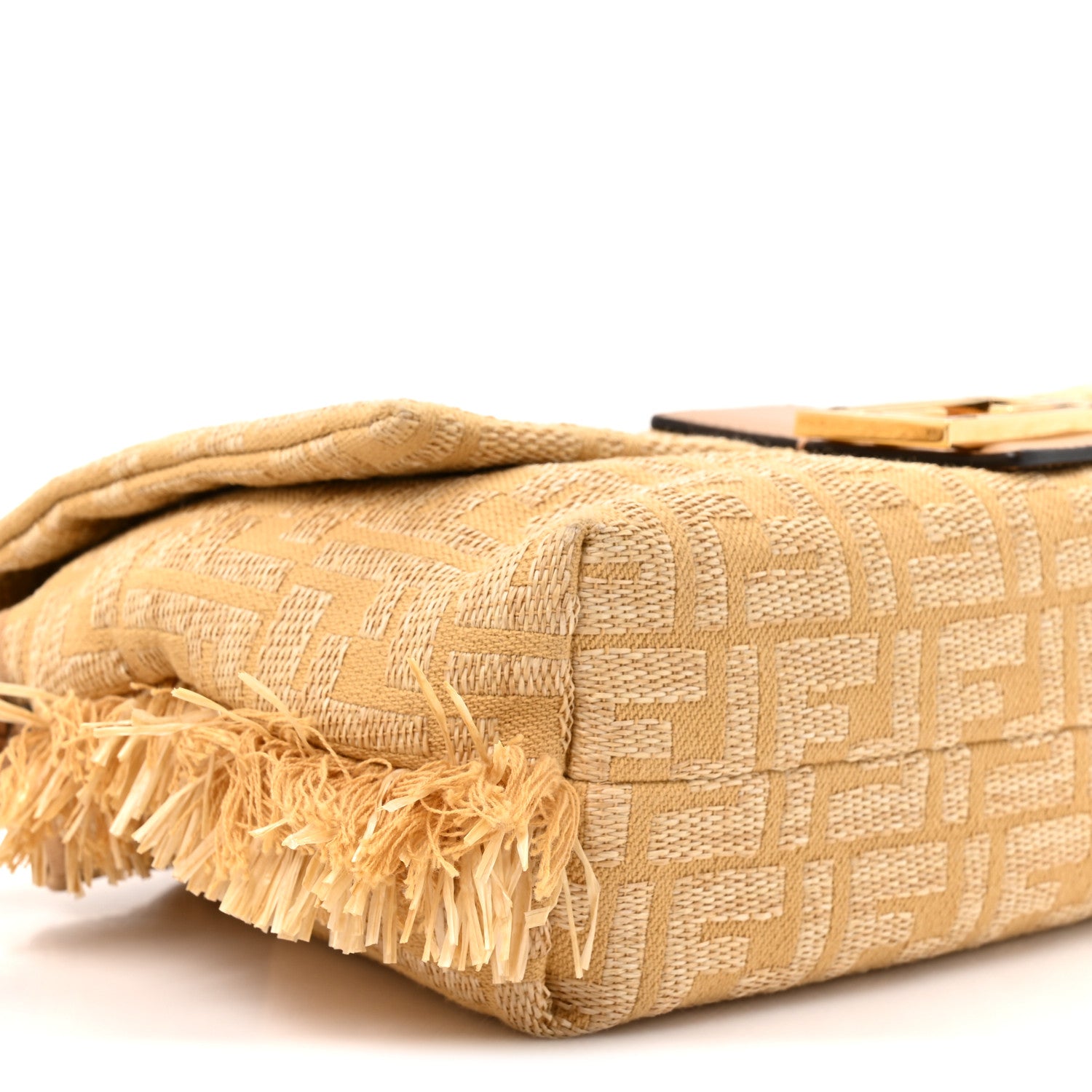 Fabric Jacquard Raffia Straw Fringe Medium Mamma Baguette Beige - Image 10