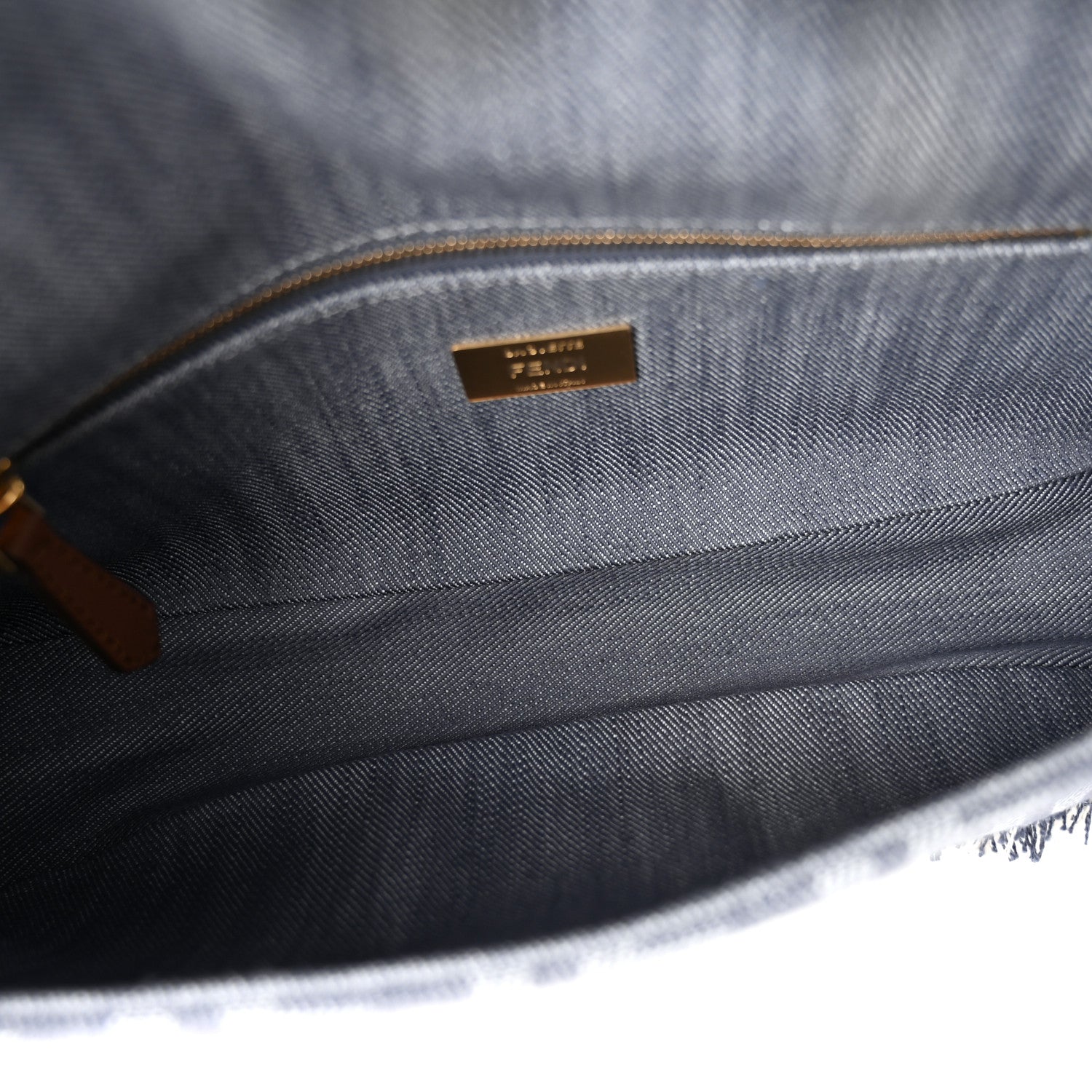 Denim Vitello King Fringe FF Embroidered Baguette Denim Myrtle Dark Nut - Image 5
