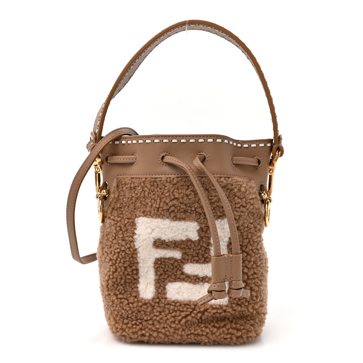 Shearling F is Fendi Macro FF 1974 Diagonal Mini Mon Tresor Bucket Bag Grace Camel