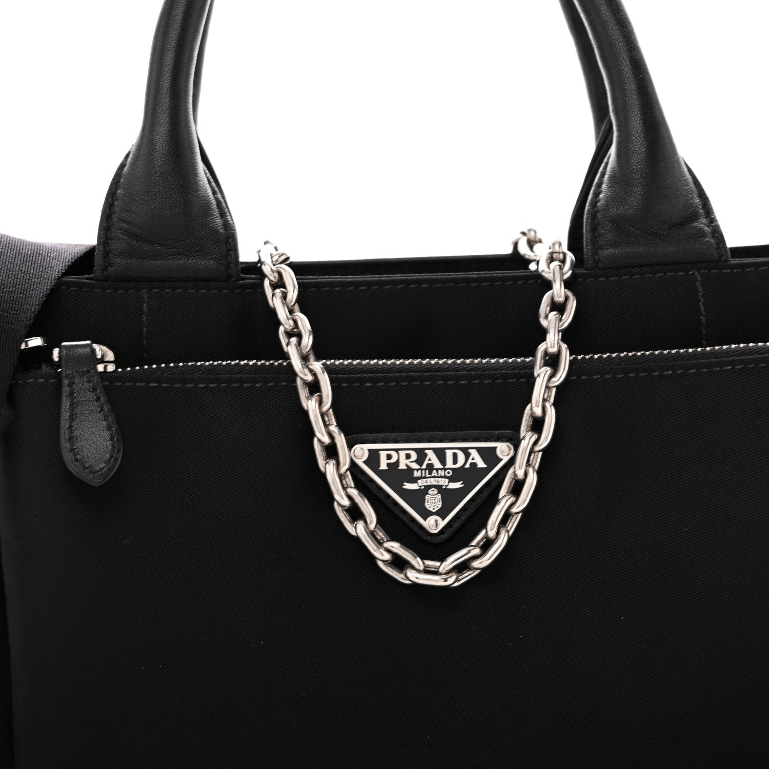 Tessuto Nylon Nappa Zip Pocket Chain Tote Black - Image 7