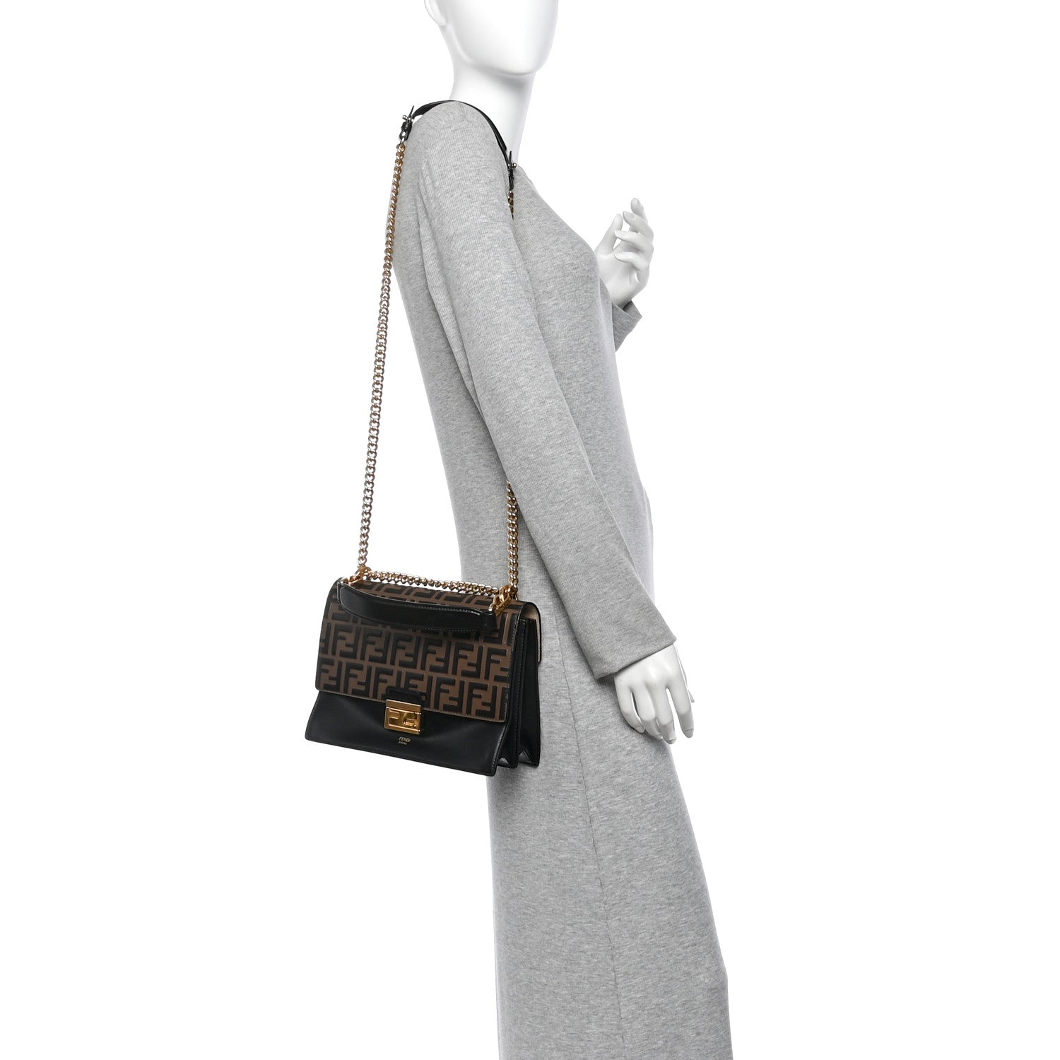 Vitello Liberty Bi-Color FF 1974 Embossed Chain Strap Kan U Shoulder Bag Black Maya - Image 2