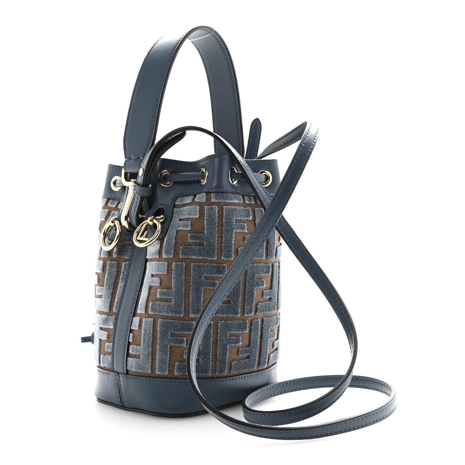 Vitello Grace Velluto FF Mini Mon Tresor Bucket Bag Dusty Blue Brown - Image 3