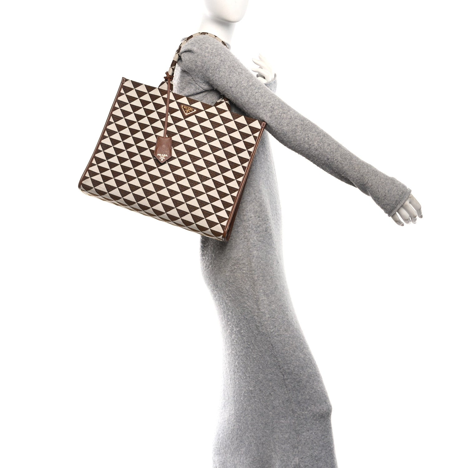 Jacquard Saffiano Triangolo Symbole Embroidered Large Tote Tobacco Talco - Image 2
