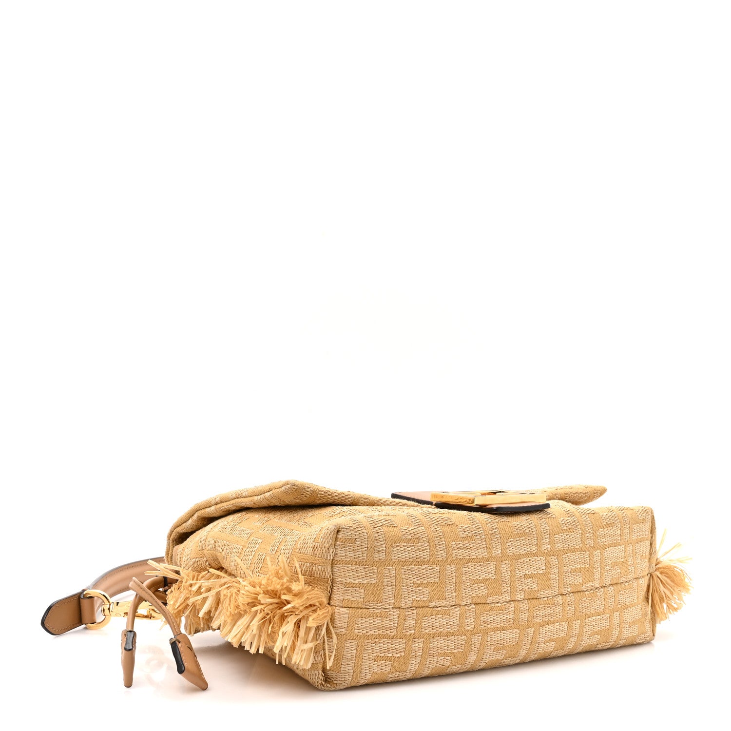 Fabric Jacquard Raffia Straw Fringe Medium Mamma Baguette Beige - Image 4