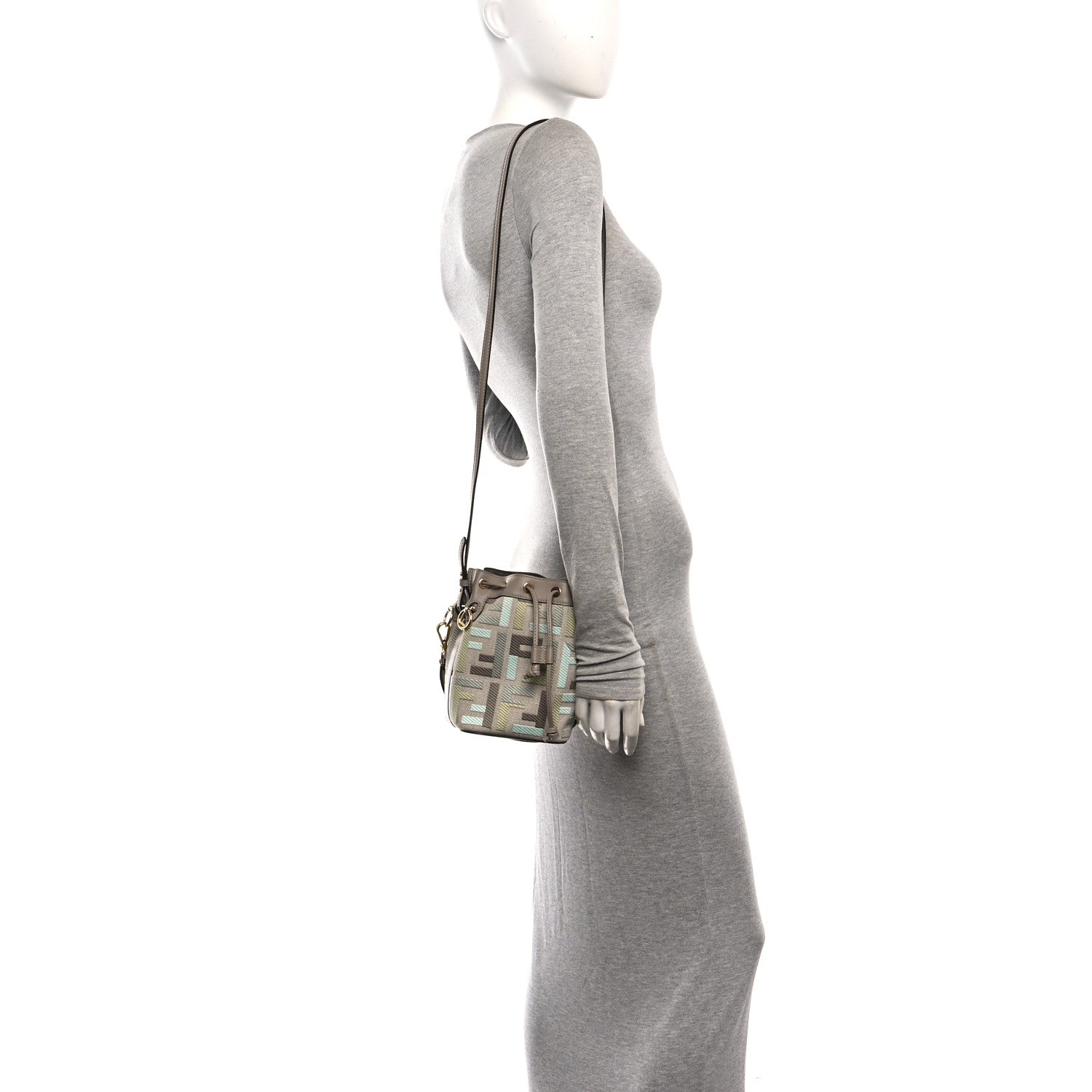 Canvas Vitello King FF Embroidered Mini Mon Tresor Bucket Bag Matcha Milk Dove - Image 2