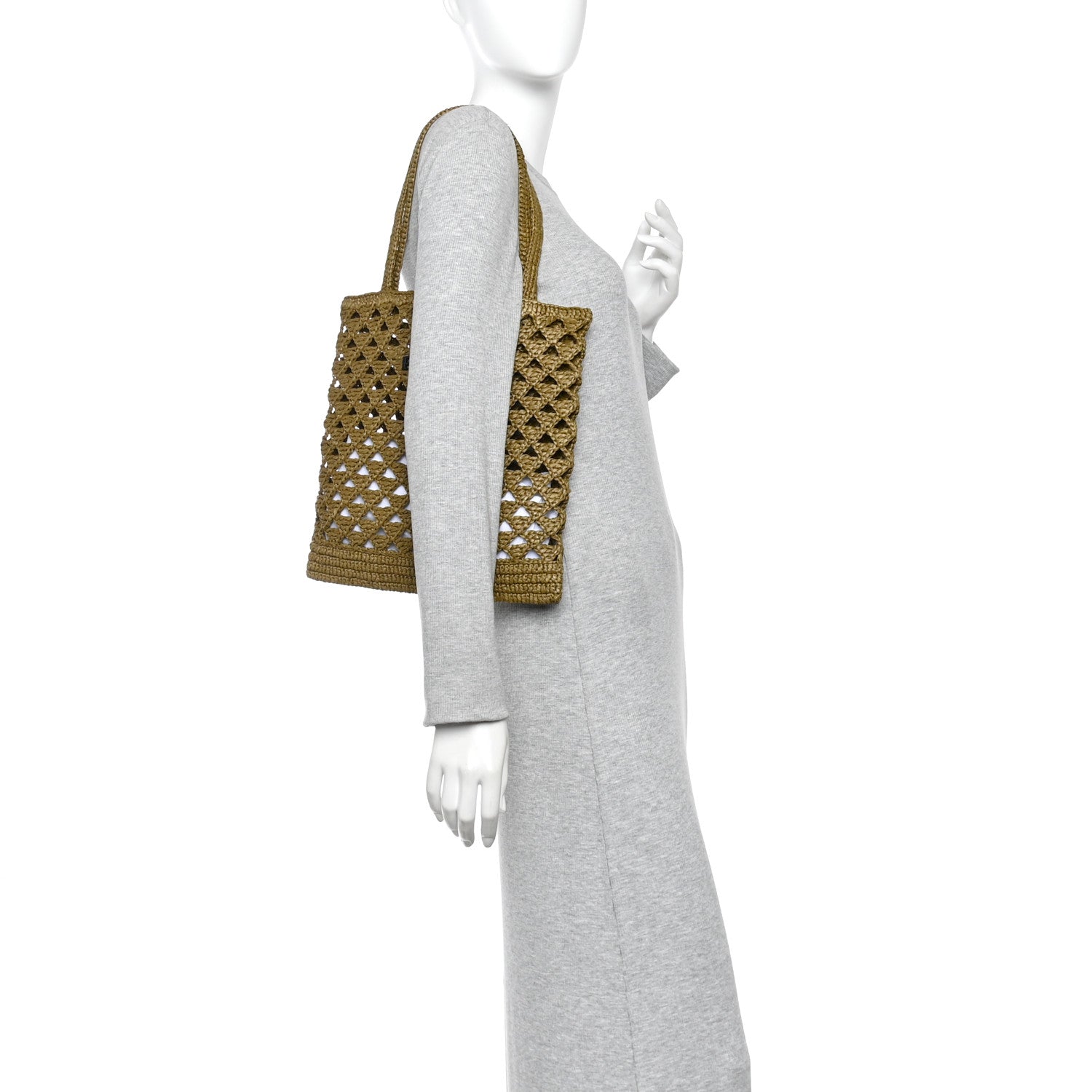 Yarn Raffia Effect Crochet Logo Embroidered Tote Bag Oliva - Image 2