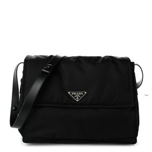 Re-Nylon Vitello Padded Large Flap Shoulder Bag Black