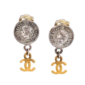 Chanel Silver Coin w/Gold CC Dangle Earrings