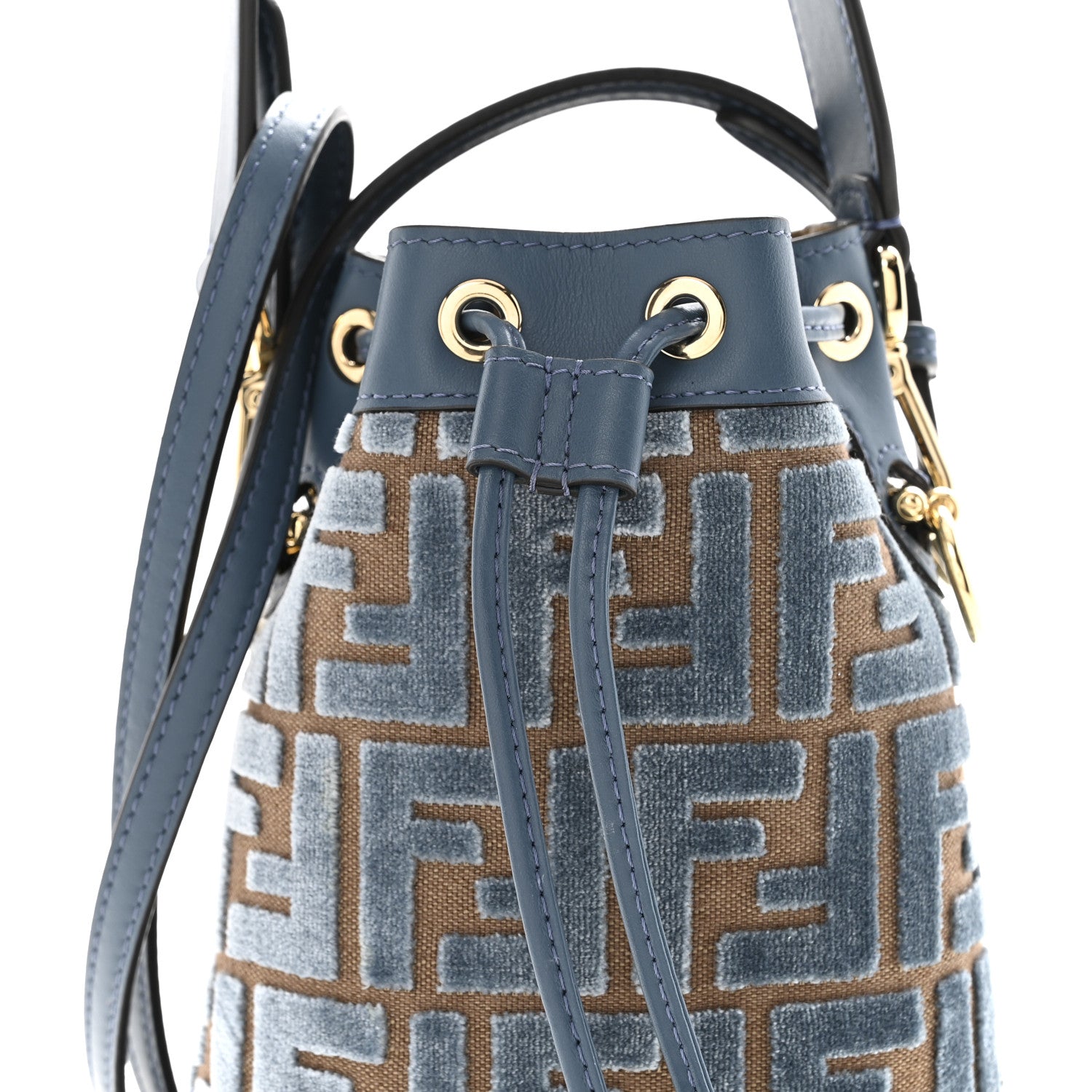 Vitello Grace Velluto FF Mini Mon Tresor Bucket Bag Dusty Blue Brown - Image 8