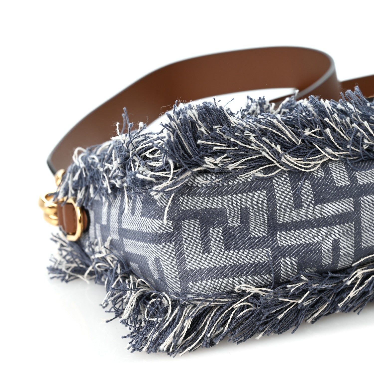 Denim Vitello King Fringe FF Embroidered Baguette Denim Myrtle Dark Nut - Image 11
