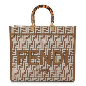 Woven Fabric Calfskin FF Medium Fendi Sunshine Shopper Tote Natural White Dark Honey