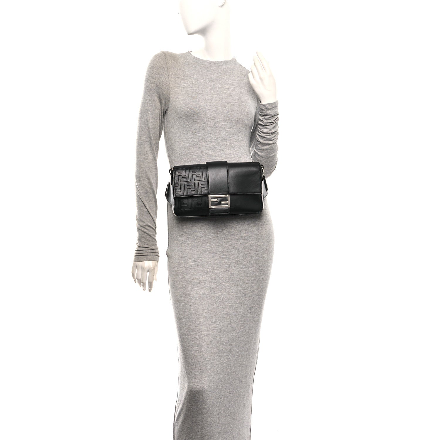 Vitello Grace FF Gradient Embossed Belt Baguette Bag Black - Image 2