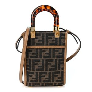 Fabric Jacquard Vitello King Plexiglass FF 1974 Mini Fendi Sunshine Shopper Tote Tobacco Moro Sand