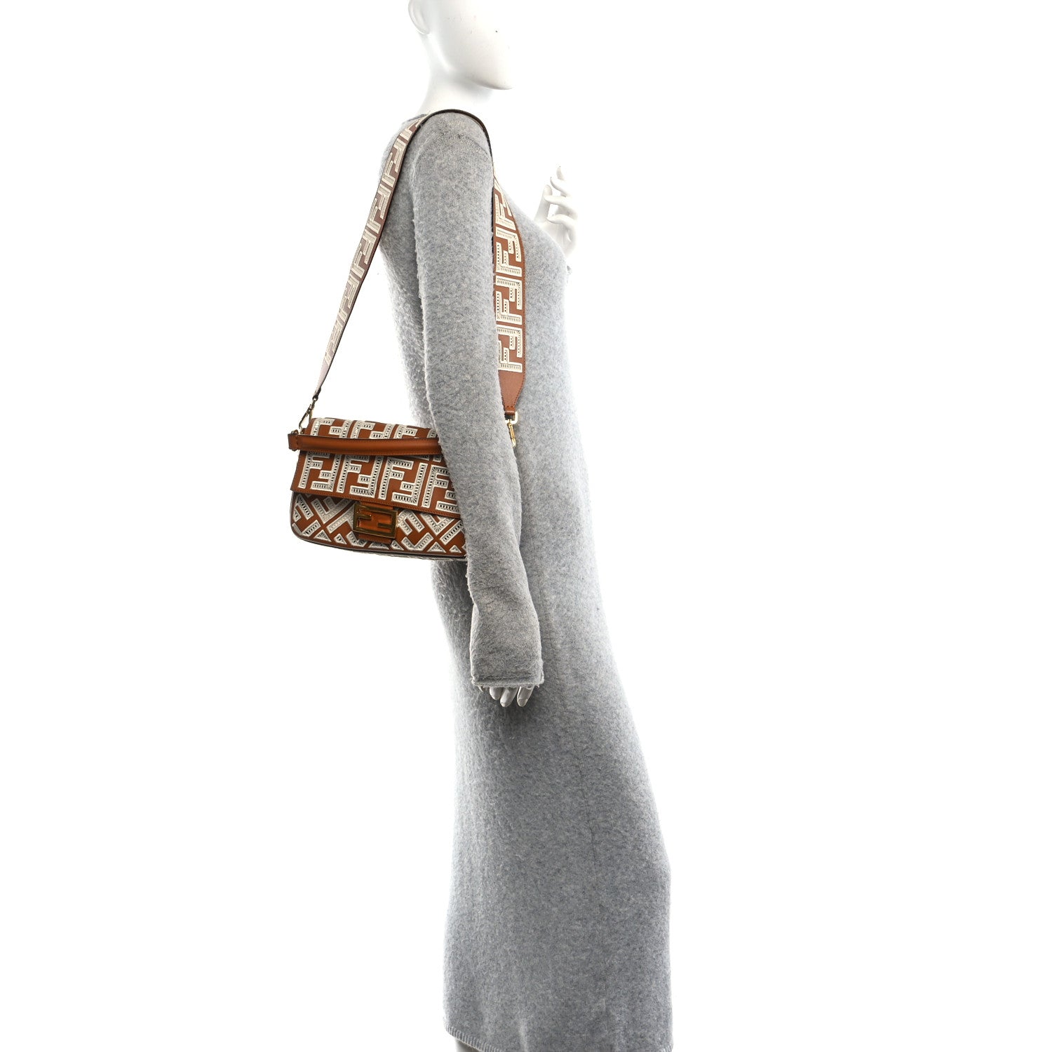 Vitello Seta FF Ajour Embroidered Baguette Brandy - Image 2