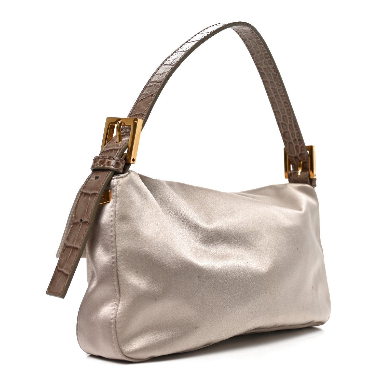 Satin Calfskin Crystal Crocodile Embossed Baguette Grey - Image 3