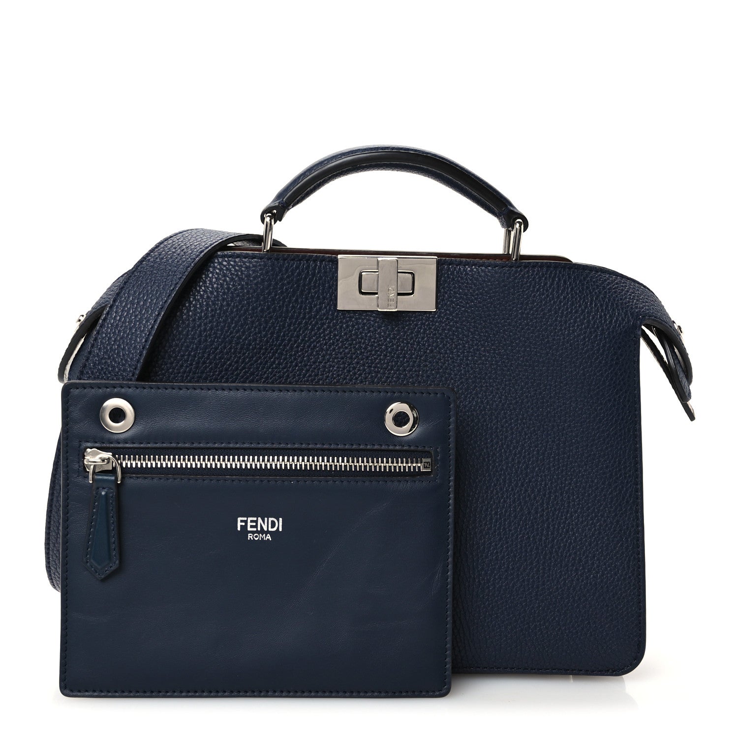Cuoio Romano Vitello Cover Glazed Fabric Bi-Color FF 1974 Mini Peekaboo I SEE U Satchel Blue Dark Brown Tobacco Moro - Image 3