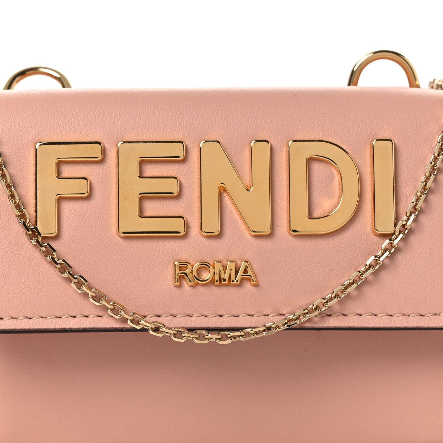 Vitello Kyoto Metal Fendi Roma Logo Micro Trifold Wallet with Chain Light Rose - Image 9