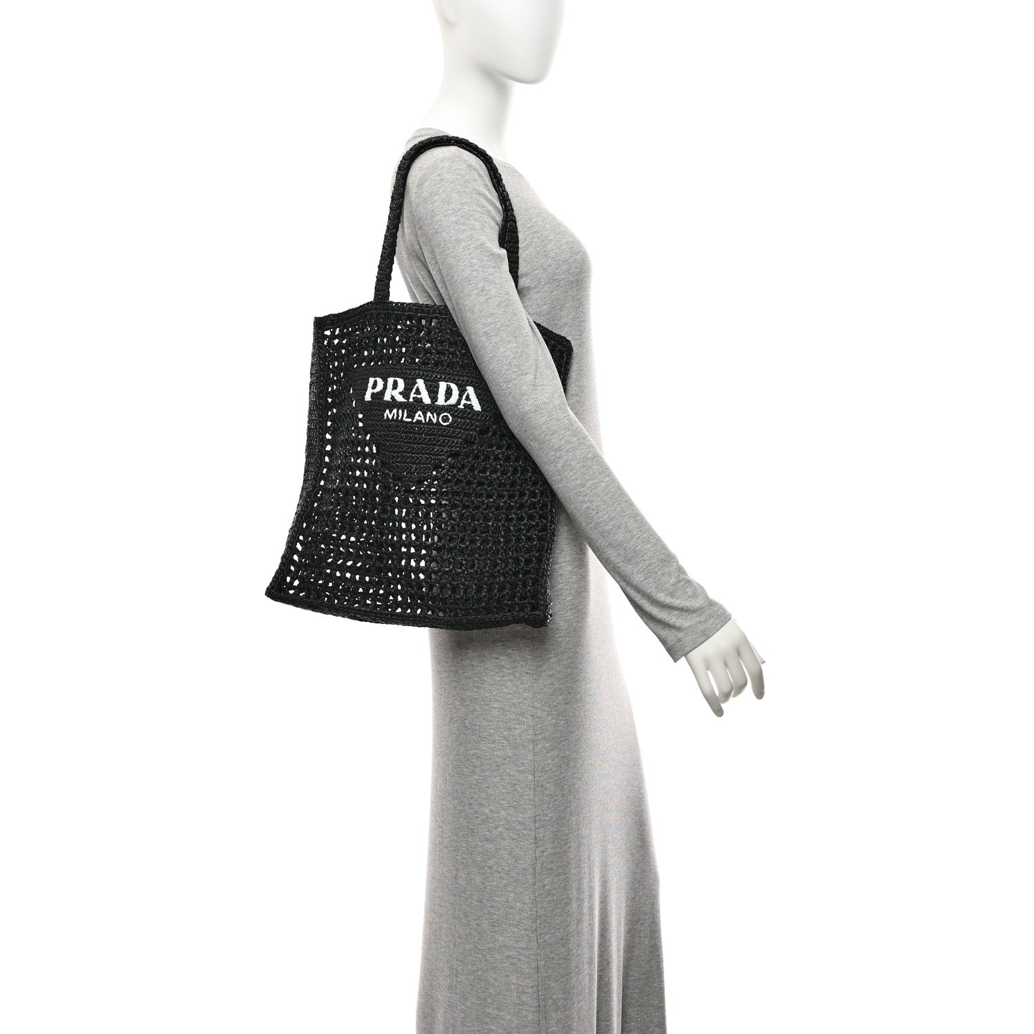 Yarn Raffia Effect Crochet Logo Embroidered Tote Bag Black - Image 2